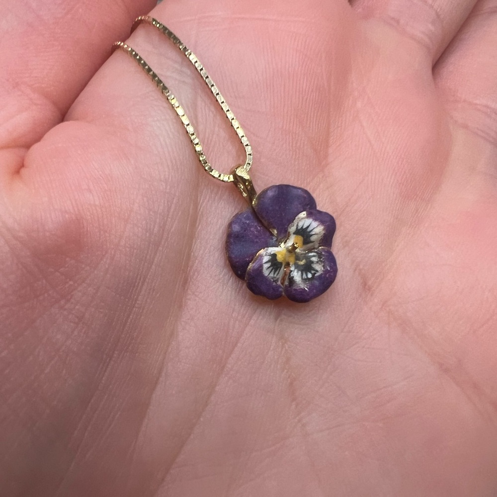 Antique Victorian 14K Yellow Gold Enamel Pansy Necklace
